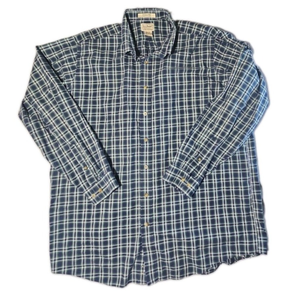 LL Bean Plaid Button Down Shirt Mens XXL Tall Blue Green Long Sleeve Cotton XXLT